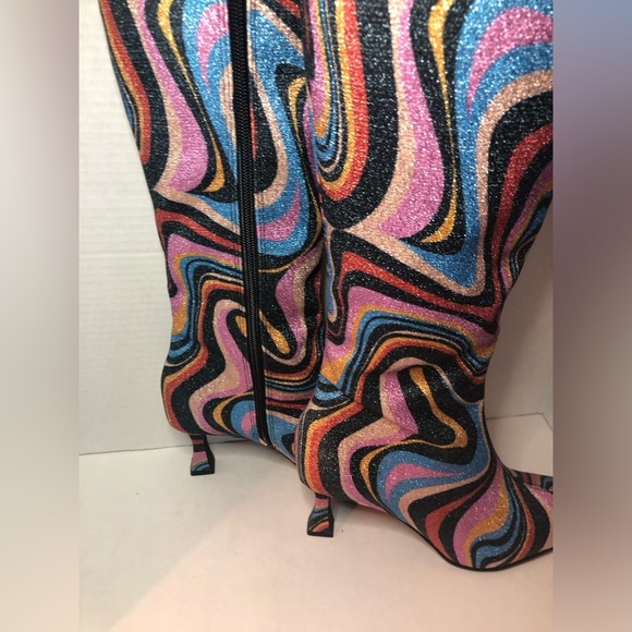 Gianni Bini Cat-Walk Glitter Snip Toe Colorful Swirl Pattern Knee-High Boots NWT - Picture 13 of 16